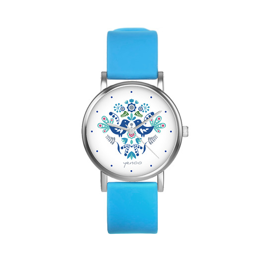 zegarki damskie Zegarek  mały - Ptaszki folkowe blue - silikonowy, niebieski