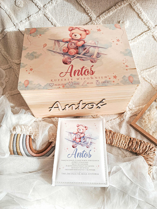 akcesoria na chrzest Zestaw MIŚ W SAMOLOCIE z imieniem, prezent na Chrzest, roczek, narodziny