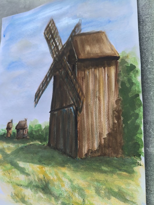 grafiki i ilustracje Akwarela Wiatrak Wielkopolska Architektura Ludowa Krajobraz 30x42 Prezent