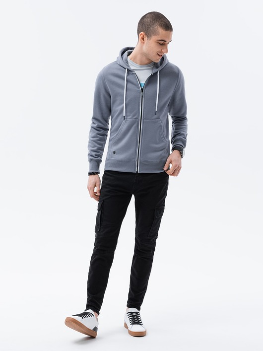 bluzy męskie Bluza męska rozpinana z kapturem BASIC - jeansowa V13 B977