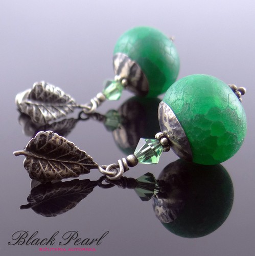 Agat w Listkach - kolczyki Black Pearl