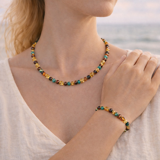 komplet biżuterii Komplet biżuterii z bursztynu i turkusu - Naszyjnik i bransoletka z bursztynu