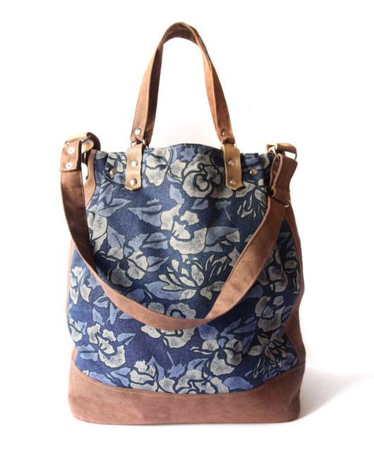 torba -navy blue jeans&chocolate&flowers&beige-  elfagado