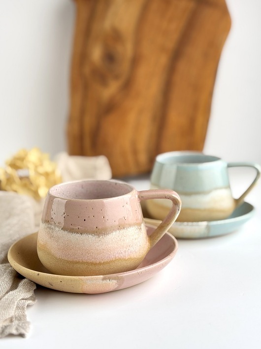 filiżanki Zestaw dla dwojga  filiżanka ceramiczna  - Różowe i niebieskie migdały