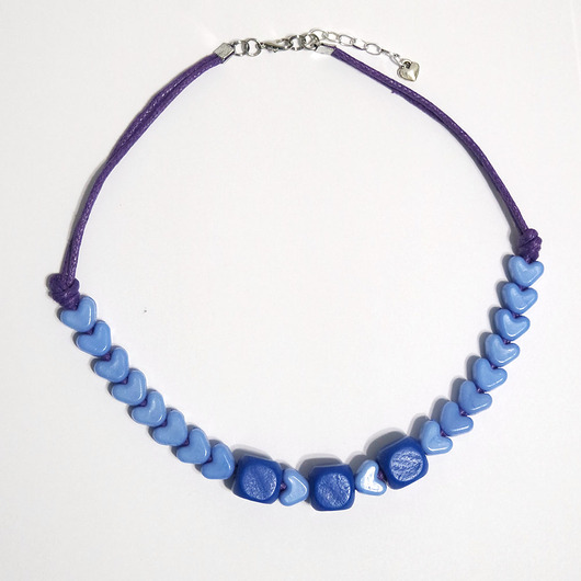 korale Naszyjnik - Niebieskie serca, drewniany
