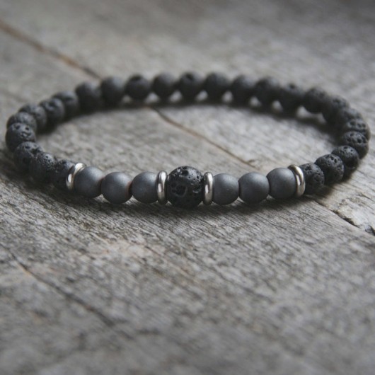 męska bransoletka : BLACK LAVA & grey HEMATITE kaktusia
