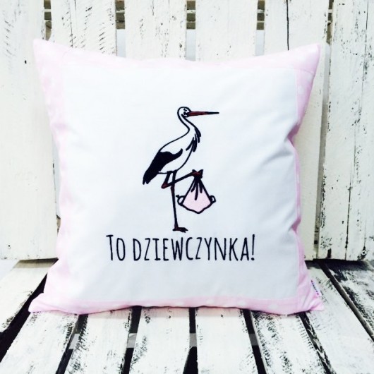Poduszka z okazji Narodziny Dziewczynka - Bocian Majunto