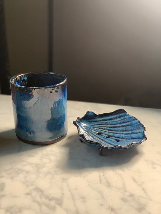 mydelniczki Ceramiczny Zestaw Łazienkowy Mydelniczka Muszelka i Kubek Cudo Oceanu