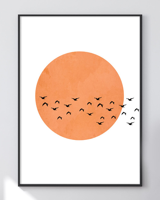 Plakat minimalistyczny 'Słońce i ptaki' Szare Kropki