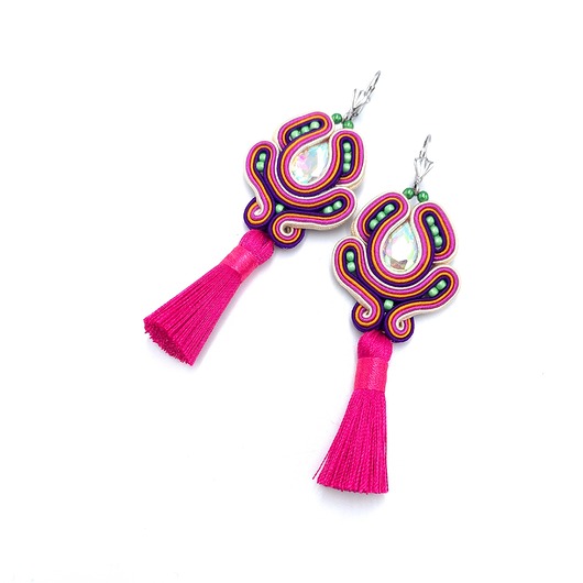 kolczyki soutache Kolczyki sutasz z chwostami kolorowe różowe długie na wiosnę Caro
