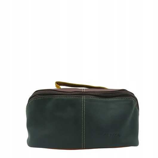 kosmetyczki Kosmetyczka podróżna duża damska skórzana pojemna kieszenie rączka OLIVKA