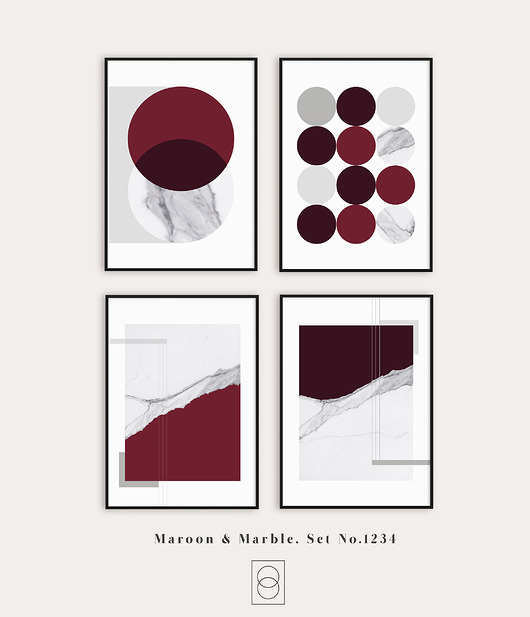 plakaty Marble zestaw nr  1234 - cztery plakaty z bordowym i marmurem