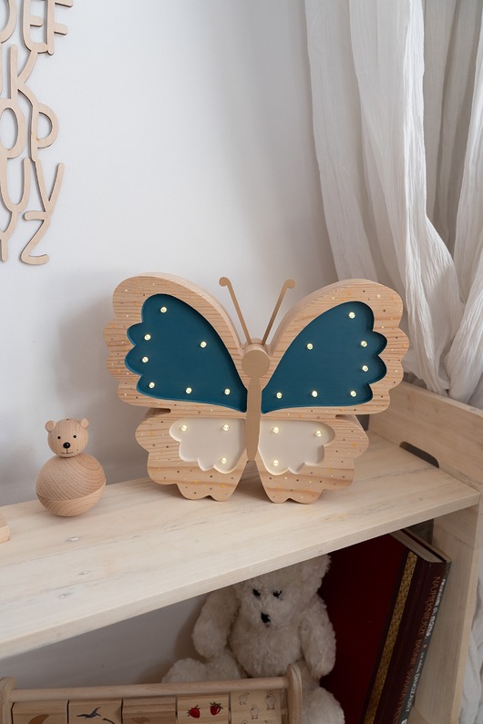 lampy do pokoju dziecka Drewniana Lampka Motyl Niebieski
