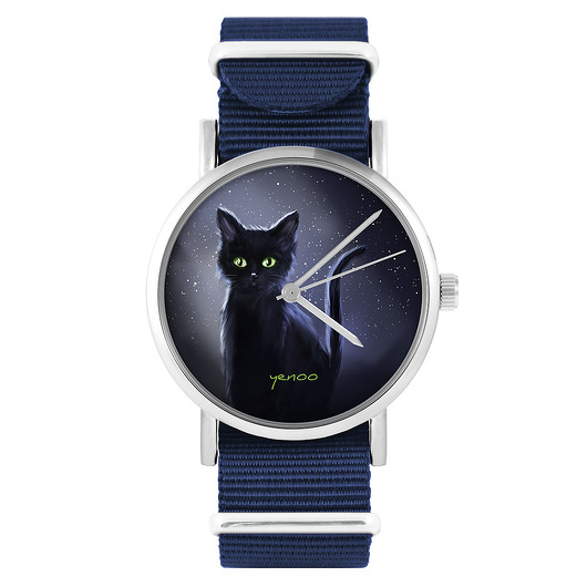 zegarki damskie Zegarek - Czarny kot, noc - granatowy, nylonowy