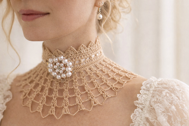 kolie Wiktoriański naszyjnik koronkowy beżowy z piękną broszą