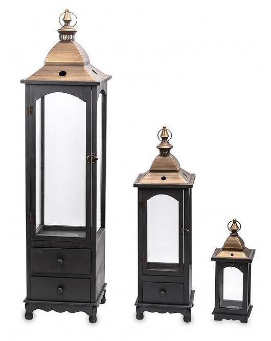 świeczniki i świece Lampion Drewniany 3 szt. Komplet Latarenek Black and Gold