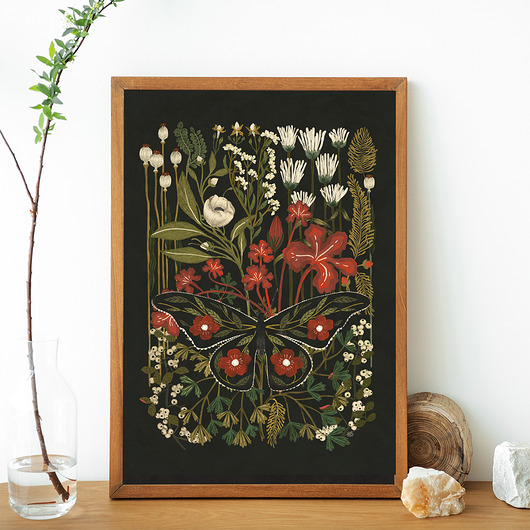 grafiki i ilustracje Night garden, plakat botaniczny, plakat kwiaty, motyl