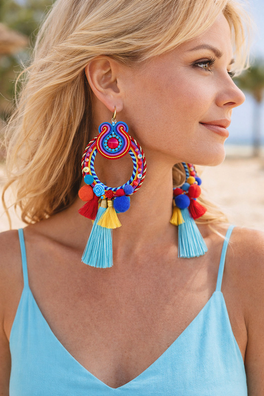 kolczyki soutache Pulo- duże i etniczne kolczyki  z pomponami