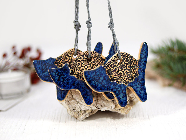 3 ceramiczne ozdoby choinkowe koty - niebo 10FingersArt