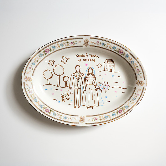 Ozdoby na ścianę Personalizowany półmisek ślubny - Para Młoda z pieskiem
