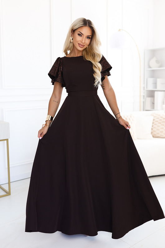 sukienki maxi damskie 694-2 MIRELLA Elegancka rozkloszowana sukienka maxi z cekinami - brąz