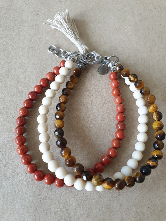 bransoletki z kamieni naturalnych Bransoletka TRIO jaspis czerwony, tygrysie oko, kamień rzeczny