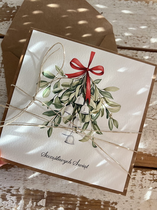 kartki świąteczne Kartka świąteczna ręcznie robiona z jemiołą na Boże Narodzenie - jemioła