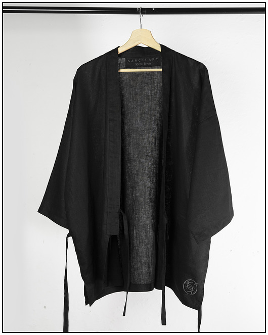 bluzki kimonowe damskie Lniane Kimono Haori, czarne Kuro