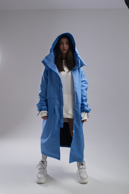 płaszcze damskie Parka Longline Hoodie Oversize baby blue ocieplana