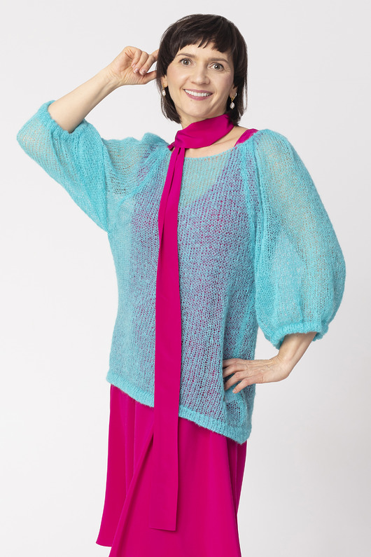 bluzki z długim rękawem damskie Elegancka wełniana bluzka z bufiastymi rękawami Bianca - Jasny Turkus