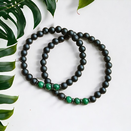 bransoletki z kamieni naturalnych KOMPLET dla PARY : malachit - kamień miłości - onyks matowy