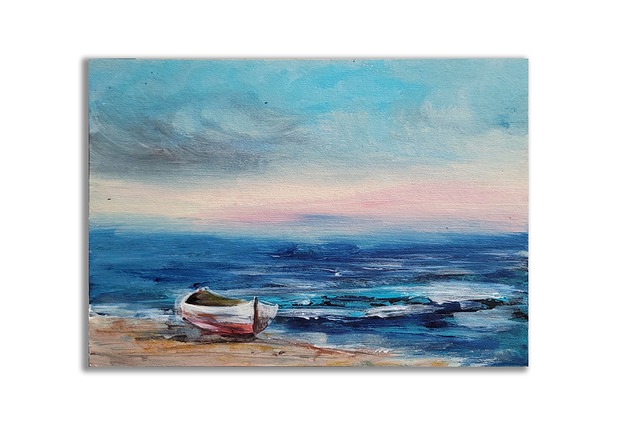 grafiki i ilustracje Obraz ręcznie malowany "Morze" łódka+ rama