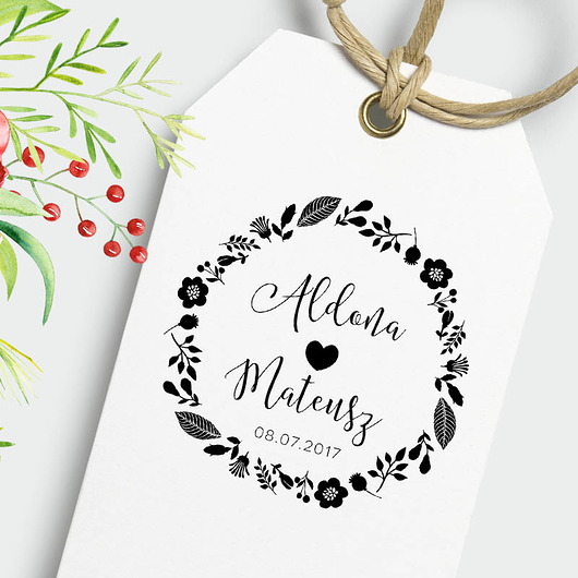 Wianek z kwiatów,stempel ślubny drewniany ALE Pomysl