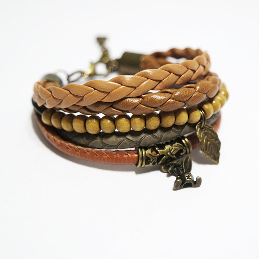 bransoletki drewniane Bransoletka - Królik, koraliki drewniane - rzemienie