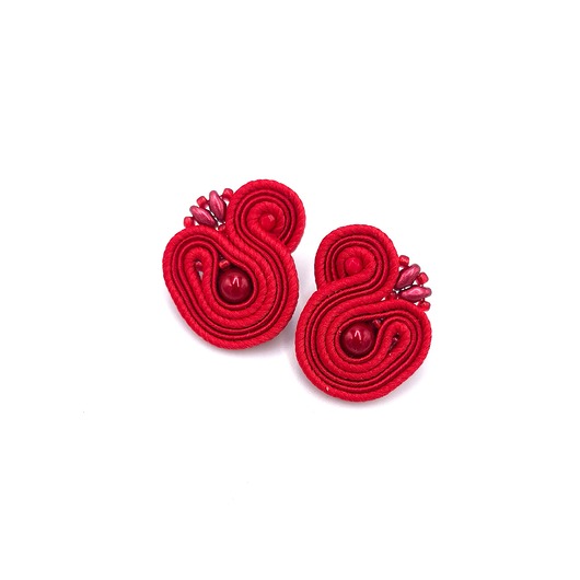 kolczyki soutache Kolczyki sutasz czerwone sztyfty Largo z perłą Preciosa małe lekkie