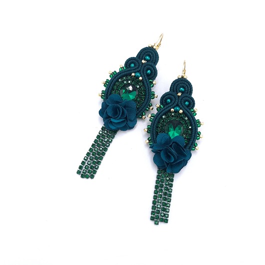 kolczyki soutache Kolczyki sutasz zielone wieczorowe błyszczące z cyrkoniami Joy