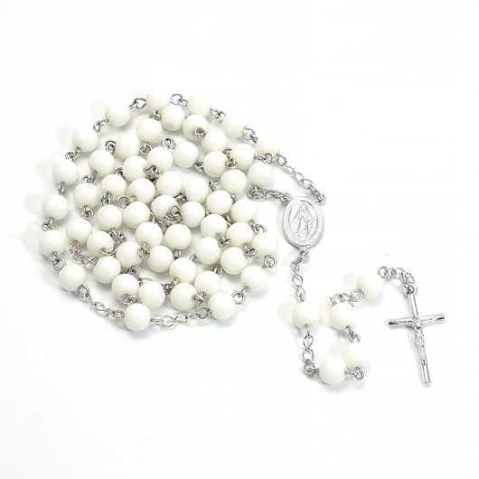 komunia - pozostałe Ręcznie robiony różaniec komunijny, biały AGAT 6mm, SREBRO 925