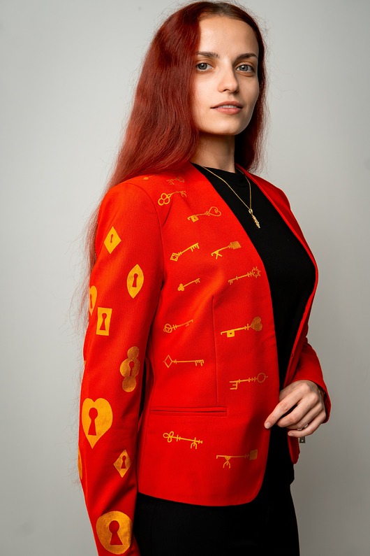 marynarki damskie Czerwona marynarka ręcznie malowana CUSTOM / złote klucze