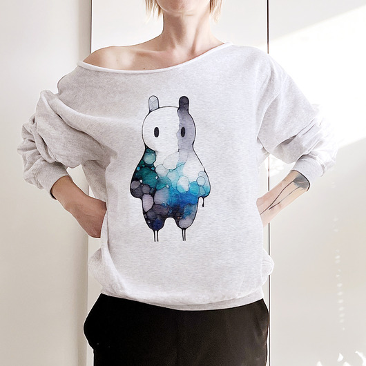 bluza bez kaptura damska Duszkowy ludzik niebieskoczarny Szara bluza cięta