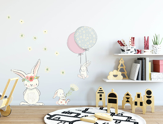 naklejki ścienne do pokoju dziecka Naklejki ścienne Króliki, kwiaty i balony