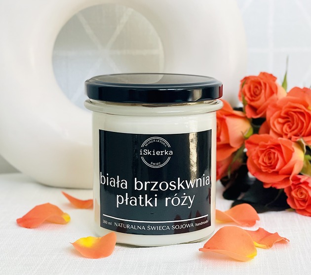 świece zapachowe BIAŁA BRZOSKWINIA & PŁATKI RÓŻY świeca sojowa 300 ml
