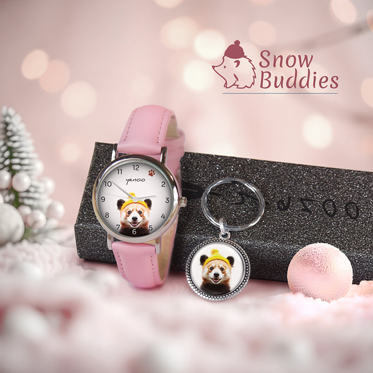 zegarki damskie Zestaw prezentowy - Panda - zegarek i brelok - skórzany, różowy