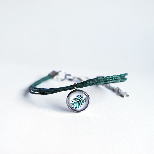 bransoletki ze szkła Bransoletka - Liść, monstera - sznurki, zielona