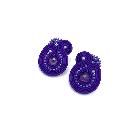 kolczyki soutache Mila kolczyki sutasz sztyfty małe fioletowe z kulkami ametystu
