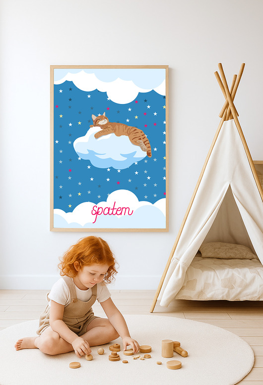 obrazy i plakaty do pokoju dziecięcego Plakat spałem - kot 1