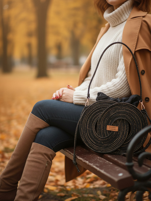 torby na ramię Torebka pierścienie ze sznurka czarno złota rękodzieło Tps01-14