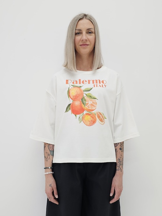 t-shirt damskie Bawełniana bluzka z pomarańczami o luźnym kroju z rękawem 3/4