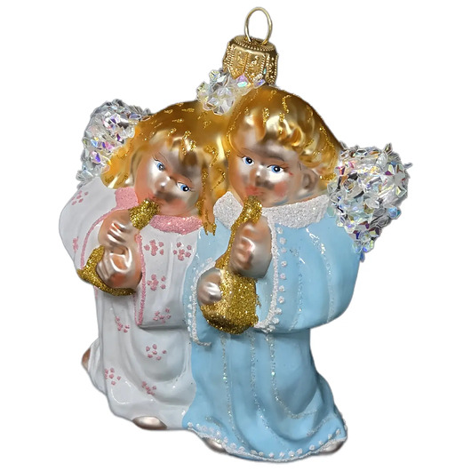 bombki Ręcznie malowana bombka szklana biały i niebieski aniołek z fletami