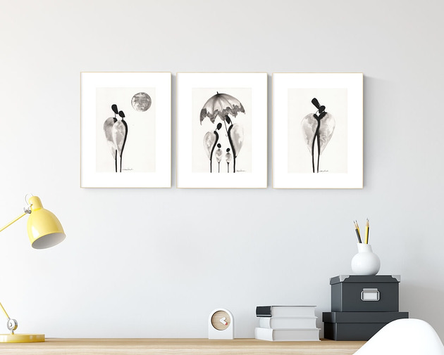 Zestaw 3 grafik ręcznie malowanych A4 MiniMalArt