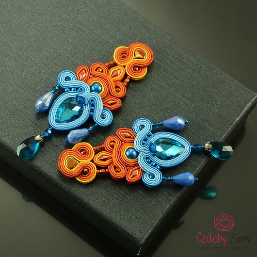 kolczyki soutache Pomarańczowo niebieskie kandelabrowe kolczyki sutasz